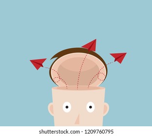 illustration of think different and freedom concept red paper airplane flying from human head vector flat design