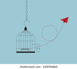 illustration of think differently and freedom concept red paper airplane flying from cage vector flat design