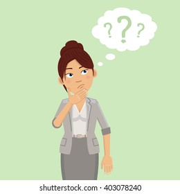 Illustration Of A Thinking Businesswoman. Confused Businesswoman Making Decision. Emoticon, Emoji, Facial Expression, Emotion. Flat Style Vector Illustration