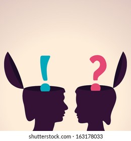 Illustration of thinking concept - human head with exclamatory symbol and question mark
