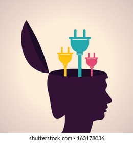 Illustration of  thinking concept -human head with electric plug