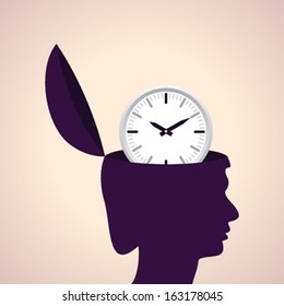 Illustration of thinking concept - human head with clock icon