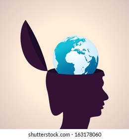 Illustration of thinking concept - human head with earth icon