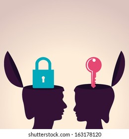 Illustration of thinking concept - human head with lock and key symbol