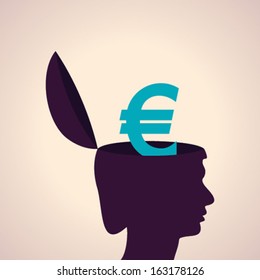 Illustration of thinking concept - human head with euro symbol
