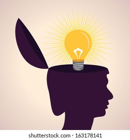 Illustration of thinking concept - human head with light-bulb