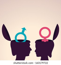 Illustration of thinking concept - human head with male and female symbol