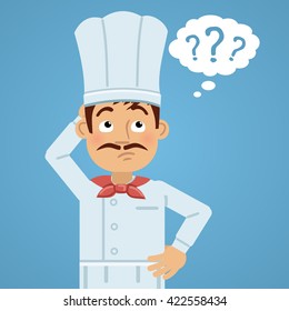 Illustration of a thinking cook. Confused cook looking up at the question mark and making decision. Flat style vector illustration