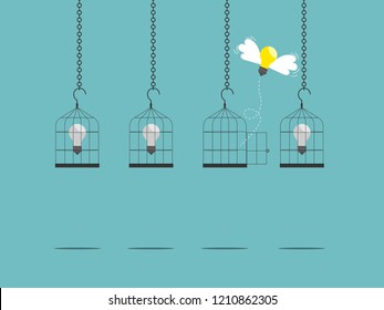 illustration of thinking different and freedom concept fresh bulb idea flying from bird cage vector flat design