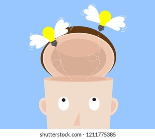 illustration of thinking different and freedom concept bulb idea flying from human head vector flat background