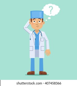 Illustration of a thinking doctor isolated on abstract background. Confused doctor making decision. Doctor looking up at a question mark. Flat style vector illustration