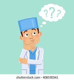 Illustration of a thinking doctor isolated on abstract background. Confused doctor making decision. Doctor looking up at a question mark. Emotional face, emoticon, emoji. Flat vector illustration