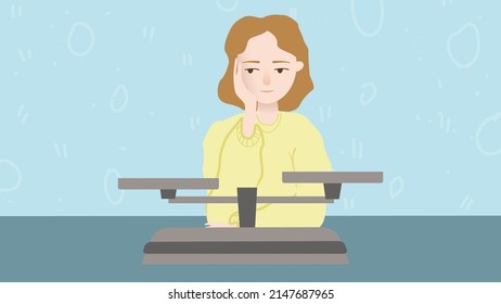 Illustration with thinking girl and table scales. Decision-making. Reflections. Weighing, make a choice.
