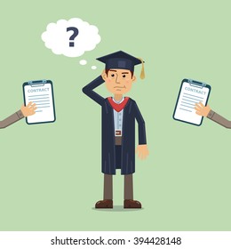 Illustration of a thinking graduate. Male graduate making decision. Job, contract offer. Flat style vector illustration