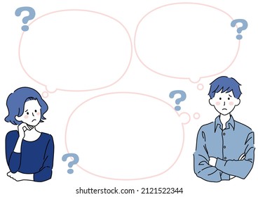 Illustration of thinking people, speech bubbles, and copy space