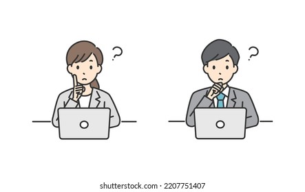 Illustration of a thinking pose of an office worker using a computer.