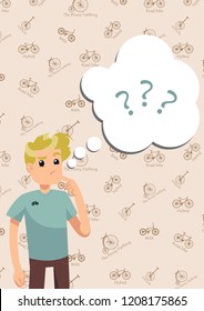 Illustration of a thinking young man, choosing a bicycle. Isolated on a beige bicycle background