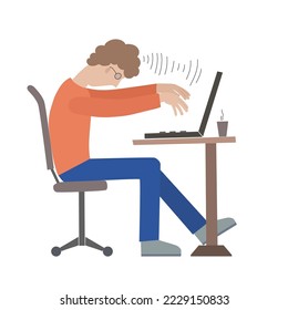 Illustration of thinking young programmer working with laptop in glasses. Funny junior. Profession is programmer. Cup of coffee.
