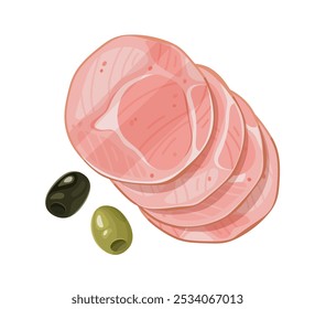 Illustration of thinly sliced ham served with green and black olives, perfect for food-related designs and culinary visuals.