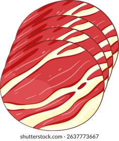 Illustration of thinly sliced raw meat with marbled texture. Bold colors and clean lines create a realistic appearance