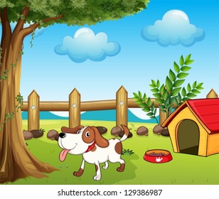 Illustration of a thirsty dog inside the fence
