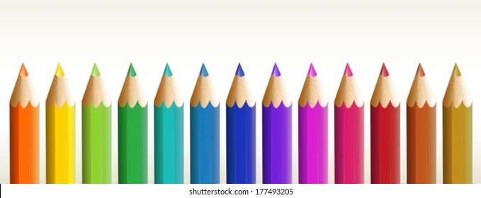 Illustration of the thirteen colorful pencils on a white background