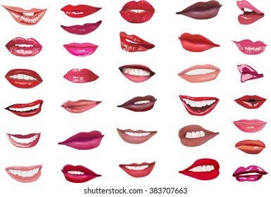 illustration with thirty two lips isolated on white background