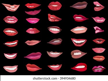 Illustration mit dreißig zwei Lippen einzeln auf schwarzem Hintergrund