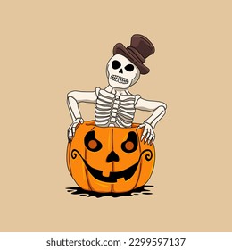 Illustration This Halloween features a bright orange carved pumpkin with a grinning top hat-wearing skeleton popping out from inside.