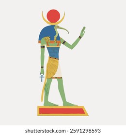 Illustration of Thoth, an ancient Egyptian deity with an ibis head, holding an ankh. Thoth, god of wisdom, depicted in traditional Egyptian attire and colors. Vintage art painting vector.