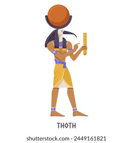 Illustration of Thoth, the Egyptian deity with an ibis head, holding a scroll, on a plain background, in a flat design style. Vector illustration