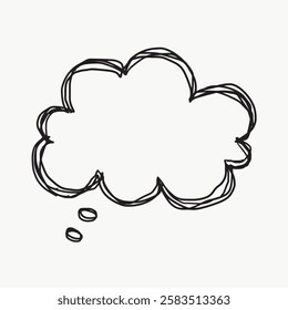 Illustration of a thought bubble, drawn in black on a white background. The thought bubble is empty, suggesting ideas, thoughts, or imagination. Simple and clear design. Fun doodle illustration vector