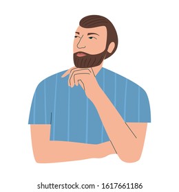 Illustration with thoughtful man. Man dreaming of something. Flat vector illustration