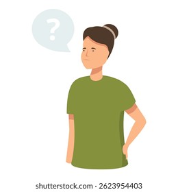 Ilustração de uma mulher atenciosa com um ponto de interrogação indicando confusão ou curiosidade