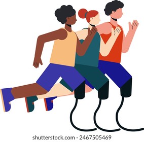 Illustration of three abstract athletes running competition with leg prostheses in tank top and shorts. Running athletes flat design illustration.