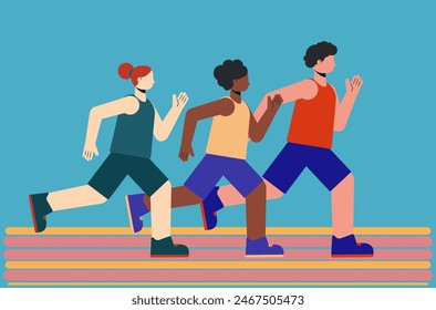 Illustration of three abstract athletes running in a tank top and shorts. Running athletes flat design illustration.