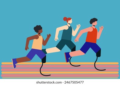 Illustration of three abstract athletes running competition with leg prostheses in tank top and shorts. Running athletes flat design illustration.