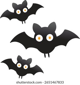 illustration of three adorable cartoon bats flying with wide eyes and spread wings. Perfect for Halloween-themed designs, party decorations, spooky invitations