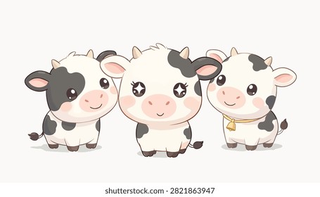 Illustration of three adorable cartoon cows with black spots and a bell