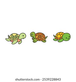 Illustration of three adorable cartoon turtles in various styles on a white background, perfect for kids' projects and educational materials.