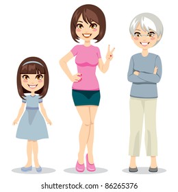 Illustration of three ages of women from child to senior