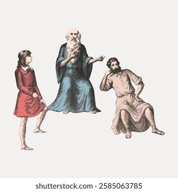 Illustration of three ancient philosophers in robes. Two men with beards and a woman. They are engaged in discussion, showcasing wisdom and thought. Vintage art illustration, vector.