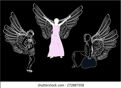 illustration with three angel sketches isolated on black background