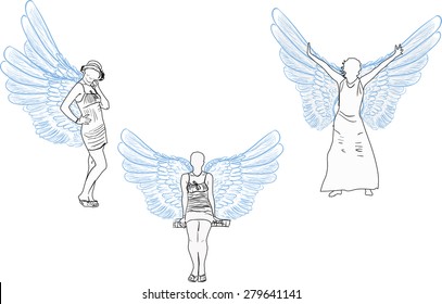 illustration with three angel sketches isolated on white background