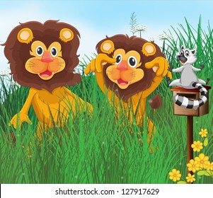 Illustration of three animals in the grass