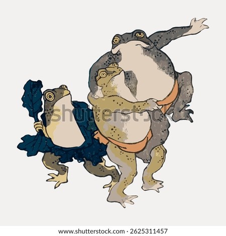 Illustration of three anthropomorphic frogs in ballet poses, wearing tutus. Frogs in dance, frogs in tutus, and frogs in ballet create a whimsical scene. Animal illustration vector.