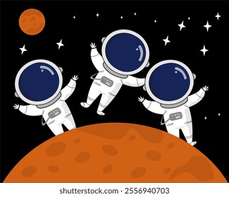 Illustration of three astronauts floating above the red planet in outer space, among the stars. Suitable for science fiction themes, children's books, educational materials, or creative designs