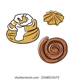 Illustration of three baked pastries cinnamon roll, icing topped bun, and starshaped cookie, depicted in a hand drawn style. Vector hand drawn drawing isolated on white background