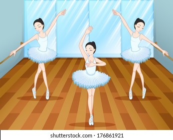 Illustration of the three ballet dancers dancing inside the studio