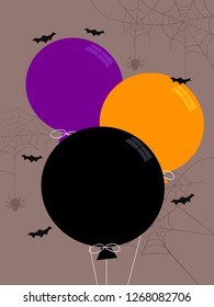 Illustration of Three Balloons in Black, Orange and Purple with Bats and Spider Web as Halloween Design